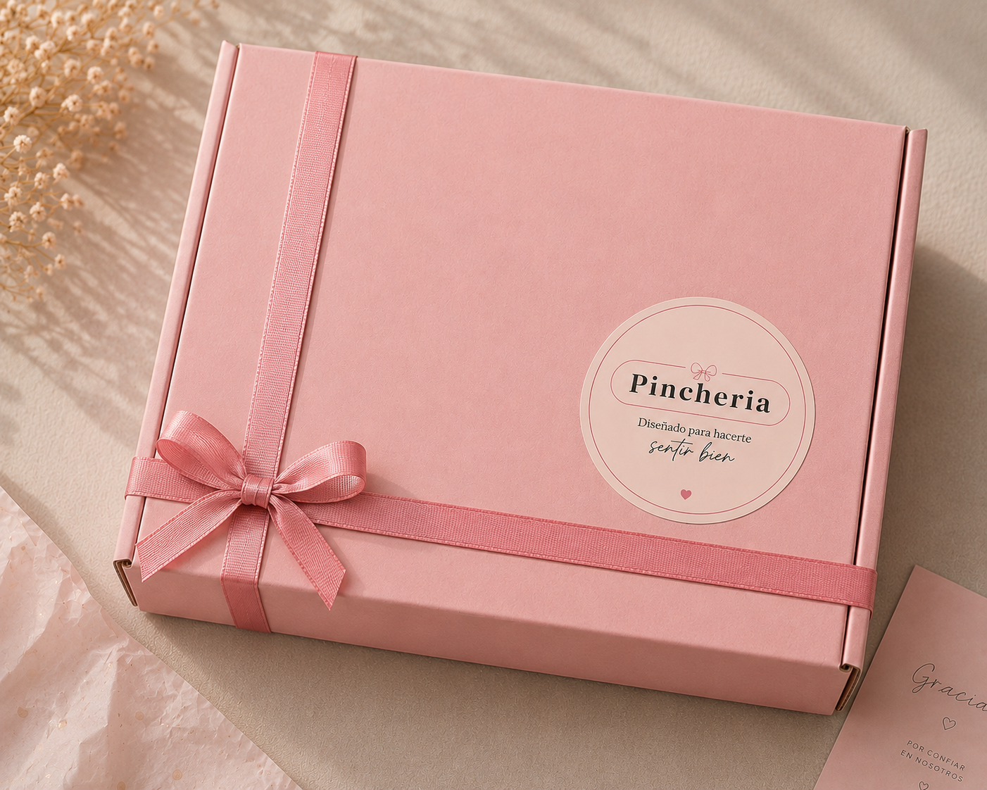 Caja de regalo Pincheria cerrada con cinta rosada lista para regalar